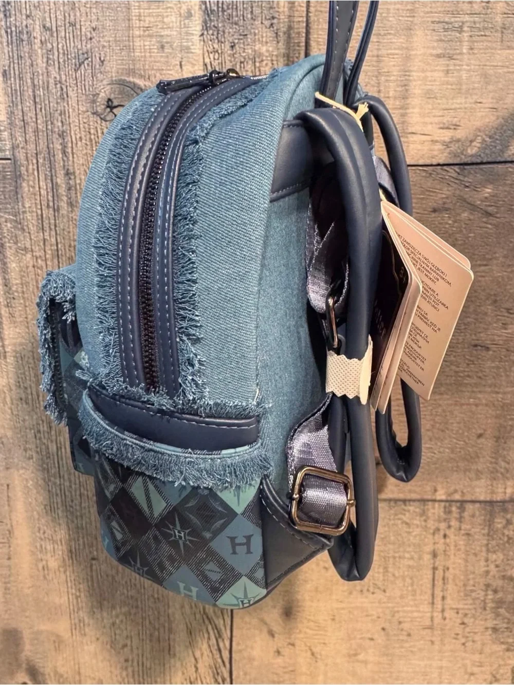 RARE HARRY POTTER Loungefly Denim & leather Hogwarts Crest Mini Backpack - Blue